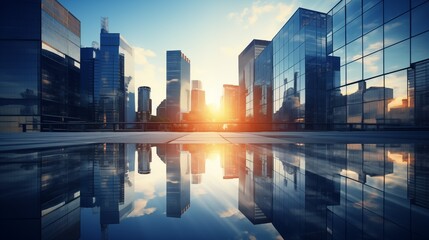 Obraz premium Metropolitan Reflections: Sunset Over a Glassy Skyscraper Skyline