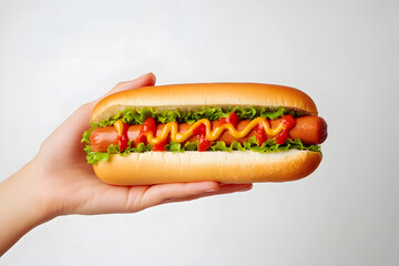 Hand holding a hotdog with ketchup and mustard isolated on a white background