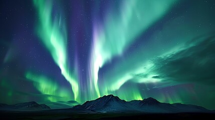 Stunning view of the aurora borealis over the night sky, forming an elegant symmetrical pattern with bright green lights in silhouette against the dark blue background