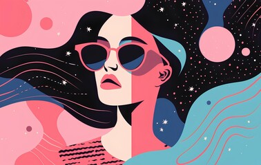 Fototapeta premium concept of a duality between dreams and reality, with half being art abstract shapes in pink, blue, black and white colors use for modern fashion magazine cover style.