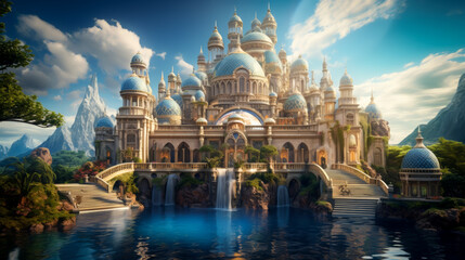 Stunning fantasy palace featuring ornate architecture with blue domes surrounded by waterfalls and lush mountains set in a bright and magical landscape