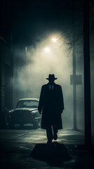 Obraz premium Atmospheric noir-style scene featuring a shadowy figure in a trench coat and hat walking down a foggy street illuminated by a dim streetlight with a vintage car in the background