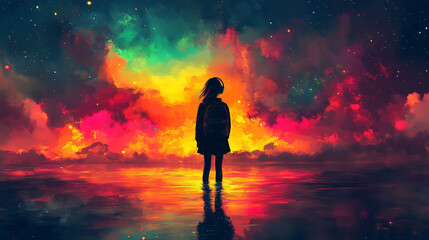 Serene Sunset: Girl with Backpack and Headphones in Abstract Watercolor