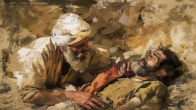 Illustration of the Good Samaritan aiding a traveler on the road to Jericho