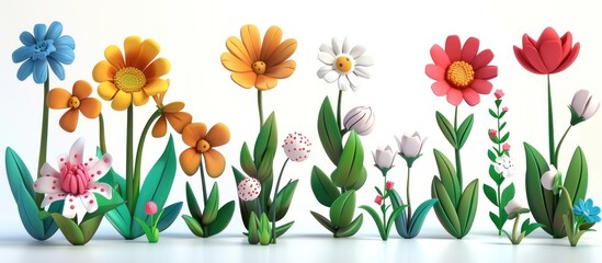 A Row of Colorful Cartoon Flowers in a 3D Rendering