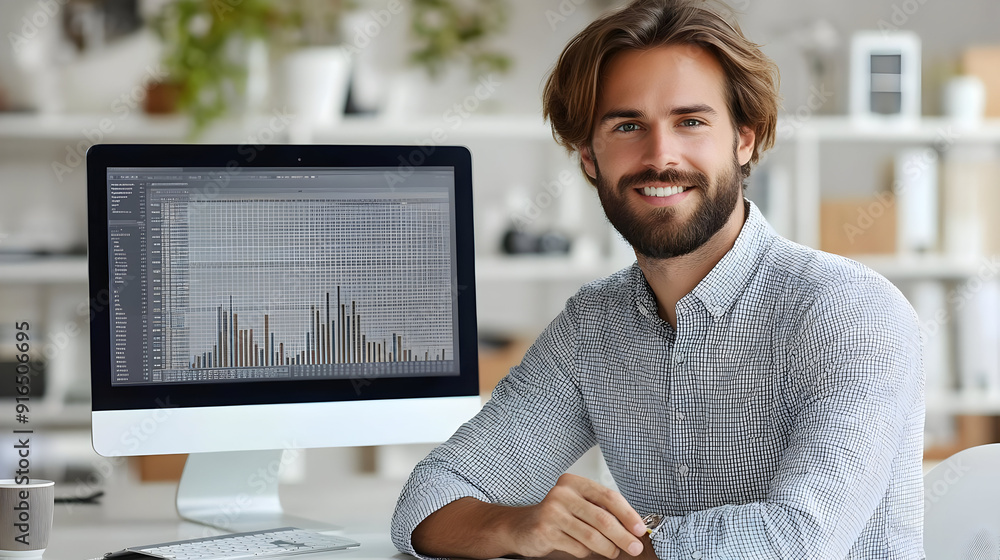 Poster smiling businessman working at desk with computer - photo