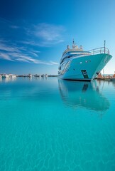 Naklejka premium A luxurious white yacht docked in a serene marina with calm turquoise waters and clear skies