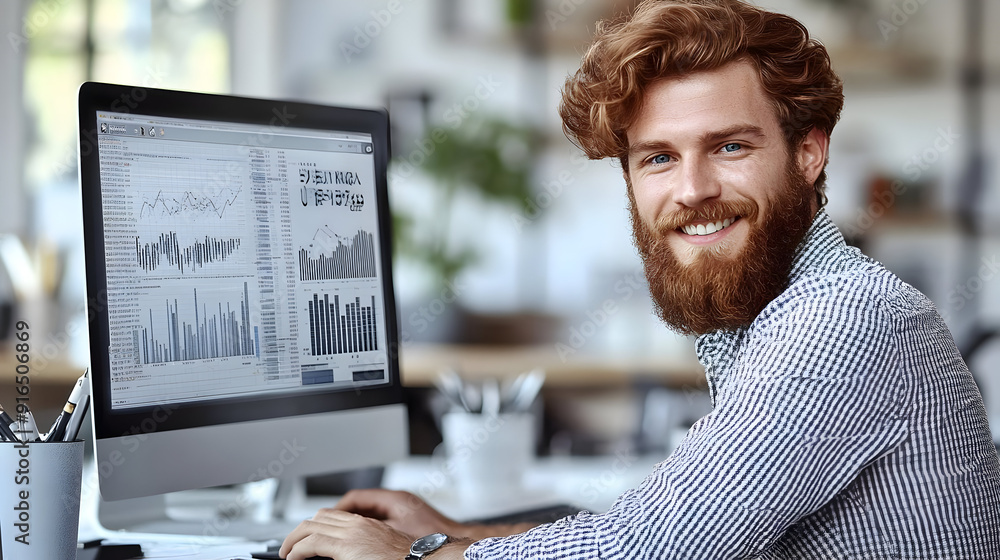 Poster Smiling Businessman Working on Computer with Data Charts - Photo
