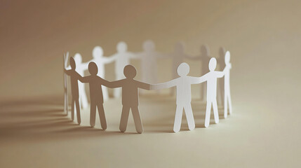 Paper cutout of people holding hands in circle on beige background,
