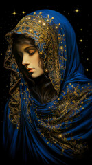 Elegant portrait of a woman draped in a richly decorated blue and gold veil with her head bowed gracefully under a starry night sky
