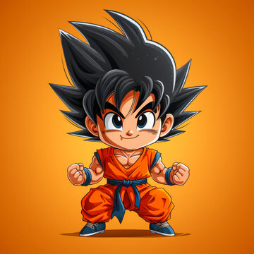 Anime style warrior character with spiky black hair wearing an orange outfit standing confidently on an orange background