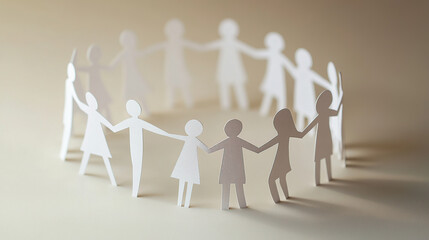 Paper cutout of people holding hands in circle on beige background,