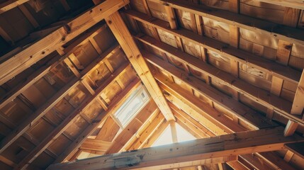 Wooden roof frame in attic construction