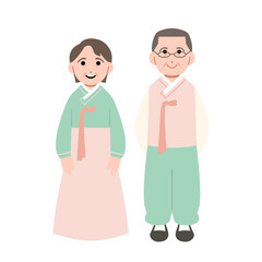 Illustration of middle-aged couple in Hanbok, Korean traditional clothes. Cartoon style character drawing. 