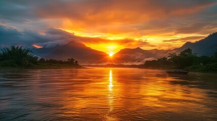 Golden Sunset over Tranquil River in the Mountains