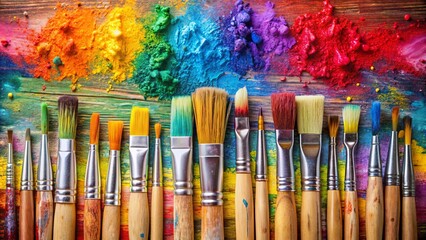 Fototapeta premium Colorful paint brush splashes on canvas with row of artist paintbrushes closeup, paint, brushes, splashes, canvas