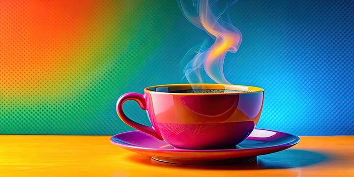 Pop art style of a colorful coffee cup with steam, representing the elixir of morning bliss, pop art,coffee, cup, steam
