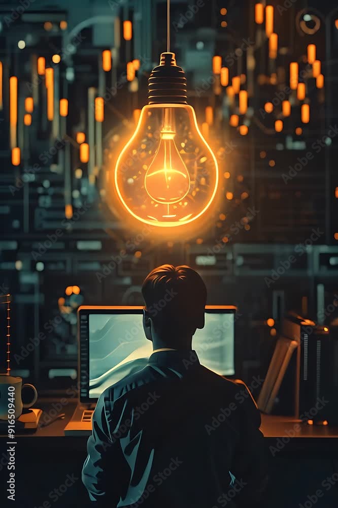 Aufkleber a person contemplates new ideas in an advanced workspace illuminated by a glowing light bulb and dat