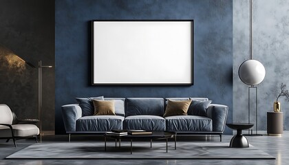 Modern Living Room with Blue Walls and a Large Blank Canvas