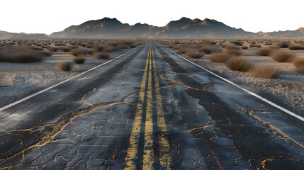 Cracked Asphalt Highway Through the Desert: A weathered, cracked asphalt road stretches towards distant mountains, flanked by arid desert landscape.  - obrazy, fototapety, plakaty