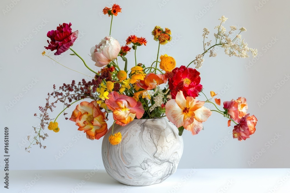 Poster sculptural marble stone vase displaying vibrant blooms, adding a pop of color to any space
