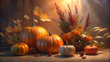 Fototapeta premium Seasonal Thanksgiving Display of Pumpkins, Leaves, and Flowers in Cozy Autumn Light