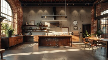 Sunlight bathes a spacious wooden kitchen interior with modern appliances and a cozy, warm ambiance.