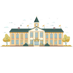 Naklejka premium Flat High School building with transparent background, simple design, cute and friendly appearance on the school facade simple color combination