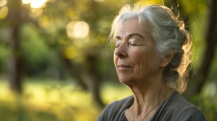 Smiling elderly woman enjoying peaceful garden, capturing golden years in one beautiful portrait. Close up senior woman meditating outdoors, cool and beautiful nature.