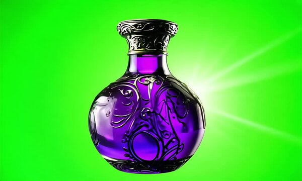 Magic purple bottle of potion on green screen with spinning animation