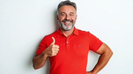 A man in a red polo shirt is giving a thumbs up. He is smiling and he is happy