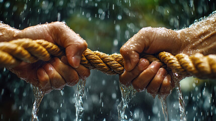 Close-up of hands holding ropes in the rain,
