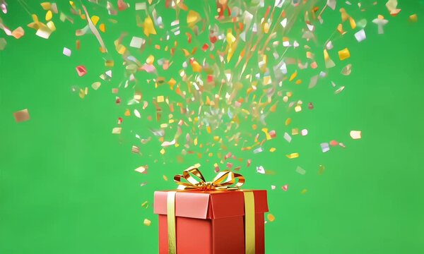Christmas gift box with colorful confetti explosion on green screen background