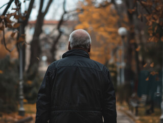 The photo shows a man walking away from the camera through a park, wearing a black jacket, with a blurred background of autumn foliage.