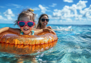 Mother and daughter enjoying summer vacation at sea with inflatable ring