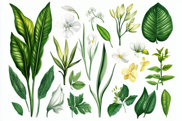 leaves flowers green white yellow botanical nature plant illustration foliage floral green leaves white flowers 