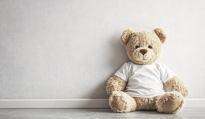 Teddy bear with white t-shirt mockup sitting against empty wall