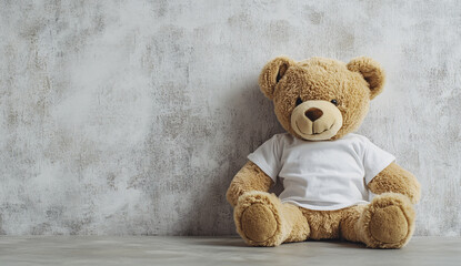 Teddy bear with white t-shirt sitting against empty wall. Web banner design
