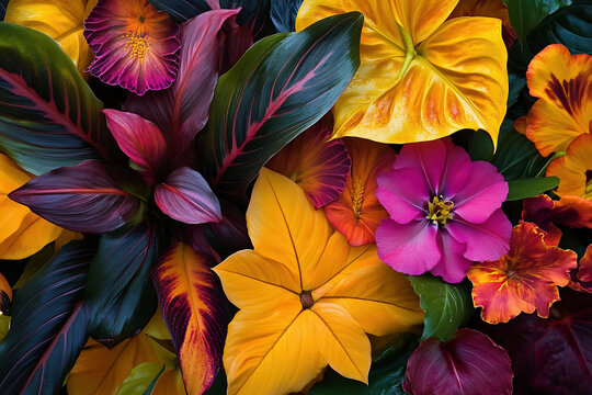 Fototapeta flowers colorful leaves vibrant nature blossoms petals tropical foliage flora bright bloom exotic garden plant colorful flowers tropical leaves vibrant colors 