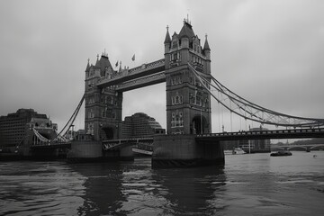 A black and white view of Tower Bridge, presenting a dramatic and artistic perspective of the famous London landmark © Anjali