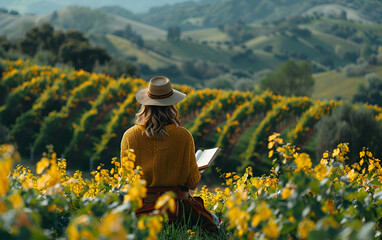 Fototapeta premium A woman in a stylish hat relaxes amidst a blooming field of flowers, surrounded by nature's beauty and tranquility.