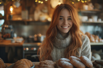 Ginger bread and smiling woman on a modern kitchen