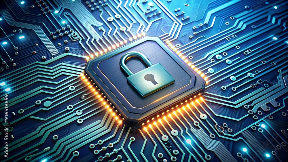 Aufkleber futuristic circuit board with glowing lock icon and high-tech cybersecurity elements
