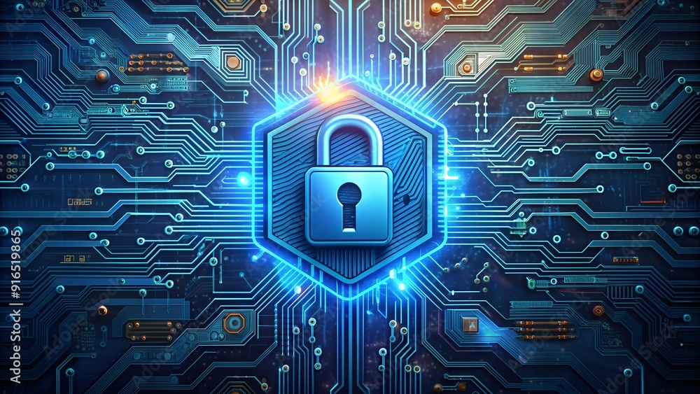 Poster futuristic circuit board with glowing lock icon and high-tech cybersecurity elements