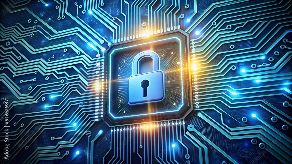 Poster futuristic circuit board with glowing lock icon and high-tech cybersecurity elements