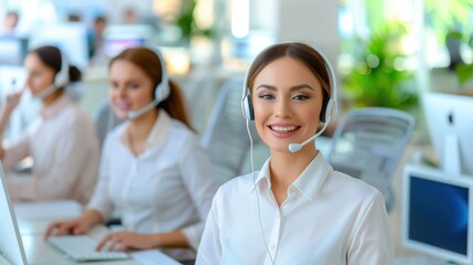 Fototapeta premium Smiling Woman with Headset in a Modern Office Call Center