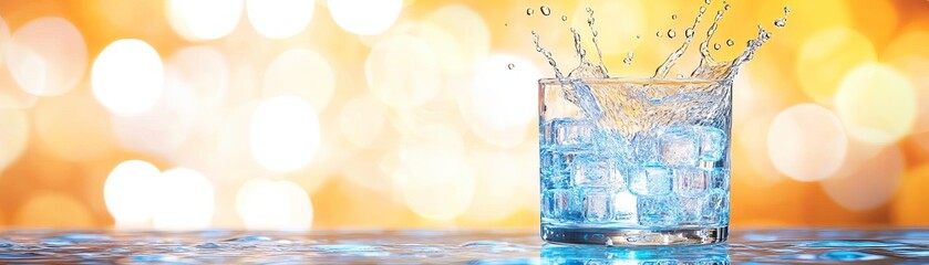 Water splash on glass, high-speed photography capturing the moment of impact, suitable for modern and sleek beverage ads