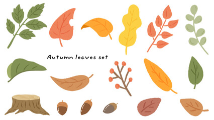 Cute hand drawn illustration set of autumn leaves, acorns and stumps / 秋色の葉っぱ、どんぐり、切り株のかわいい手描きイラストセット