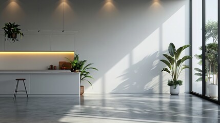 Corner of modern kitchen with white marble walls, white floor