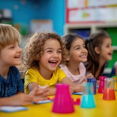 Obraz premium Diverse group of children engaging in interactive science experiments in a vibrant classroom, back to school, learning through handson activities